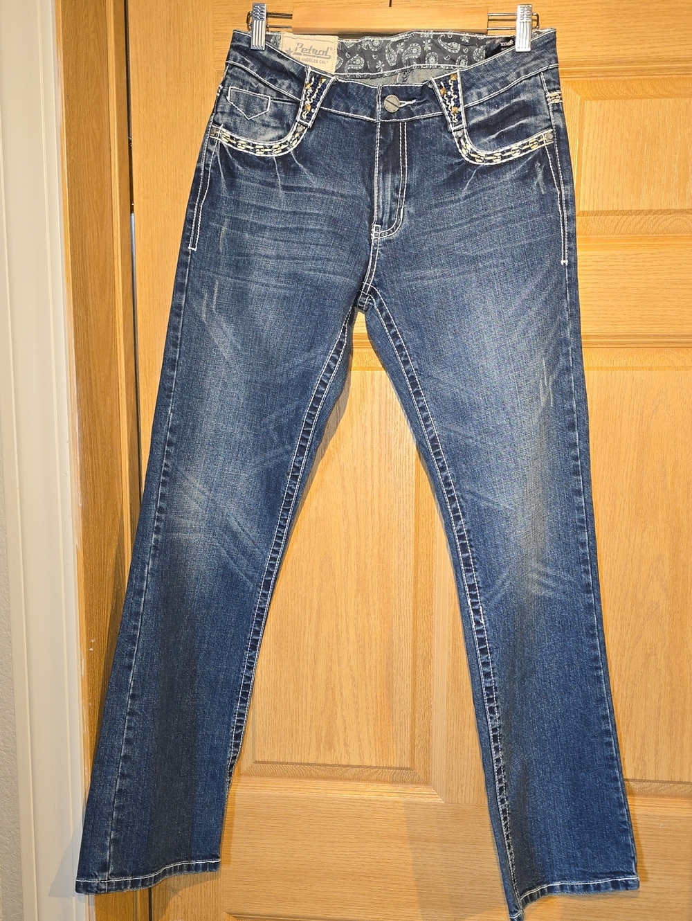Dark Blue Bootcut Jeans with Embroidered Pocket Trim